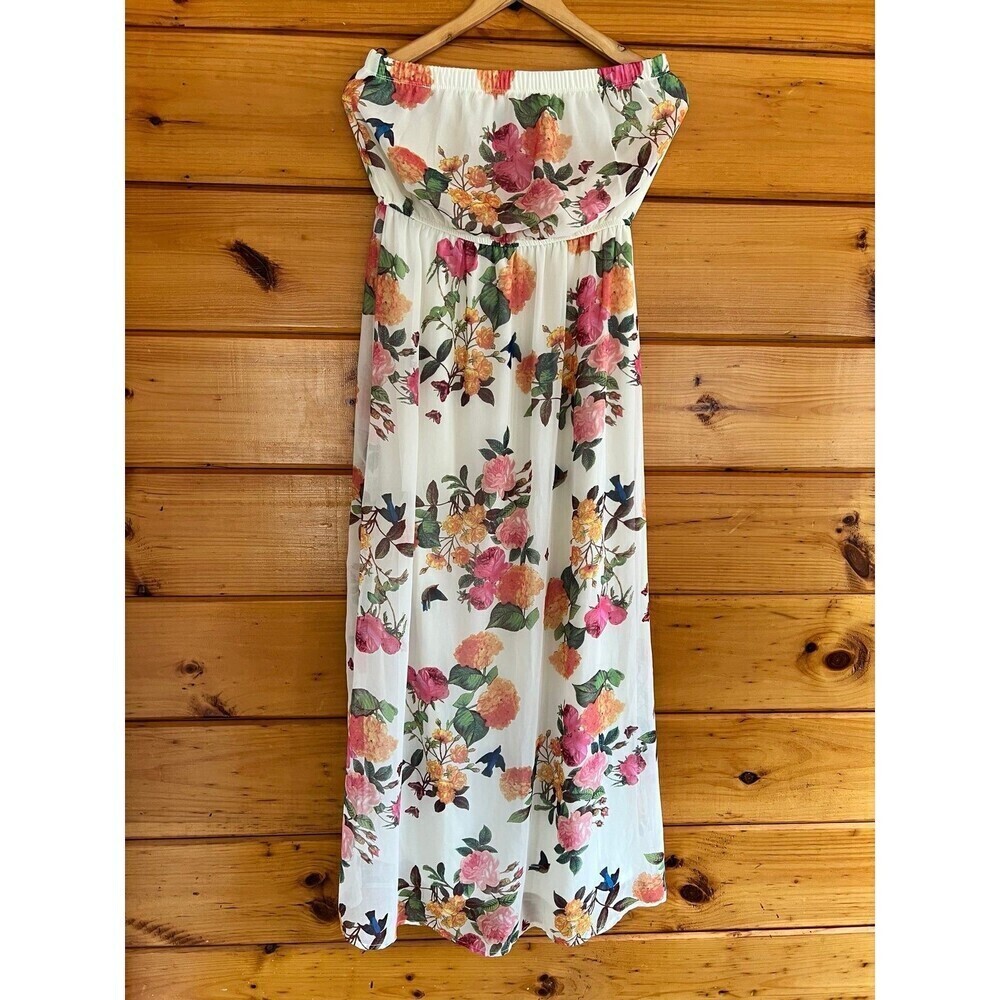 FOREVER 21 Strapless casual dress maxi ivory Fairy Summer Flowers Roses Ruffle L
